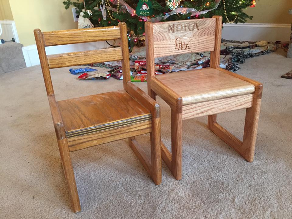 child's chairs. one carved with the name Nora